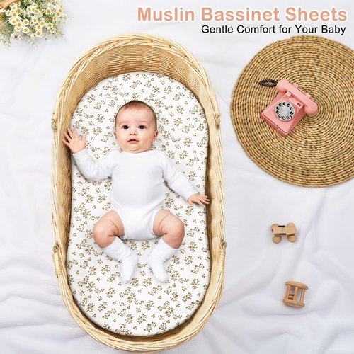 Basumee Muslin Bassinet Sheets for Baby Girl Boy 2 Pack Soft Breathable Baby Bedside Bassinet Fitted Sheets with Bottom Elastic Band Mattress Cover for Rectangle Oval Hourglass Bassinets
