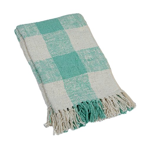 Creative Co-Op Hand-Woven Cotton Throw with Plaid Pattern and Fringe, Mint and Cream