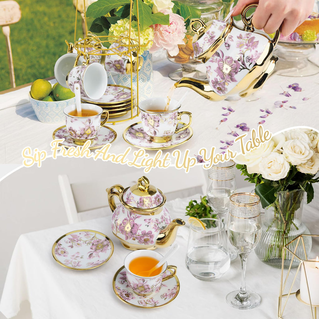 YTDTKJ 20 PCS Ceramic Tea Sets for Women Tea Party, Purple Pattern Tea Set with Gold Shelf, Flower Porcelain Tea Set with 6 Plates & 6 Spoons, Coffee Cup Set for Restaurant Hotels Dinner