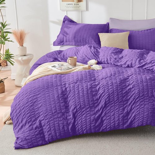 HYMOKEGE California King Comforter Set - Dark Purple & Lavender Seersucker | 7-Piece All-Season Luxury Bedding