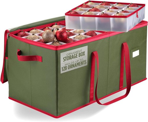 Christmas Ornament Storage | Holds Up to 128 Ornaments - Adjustable Dividers, Zippered Top, Green