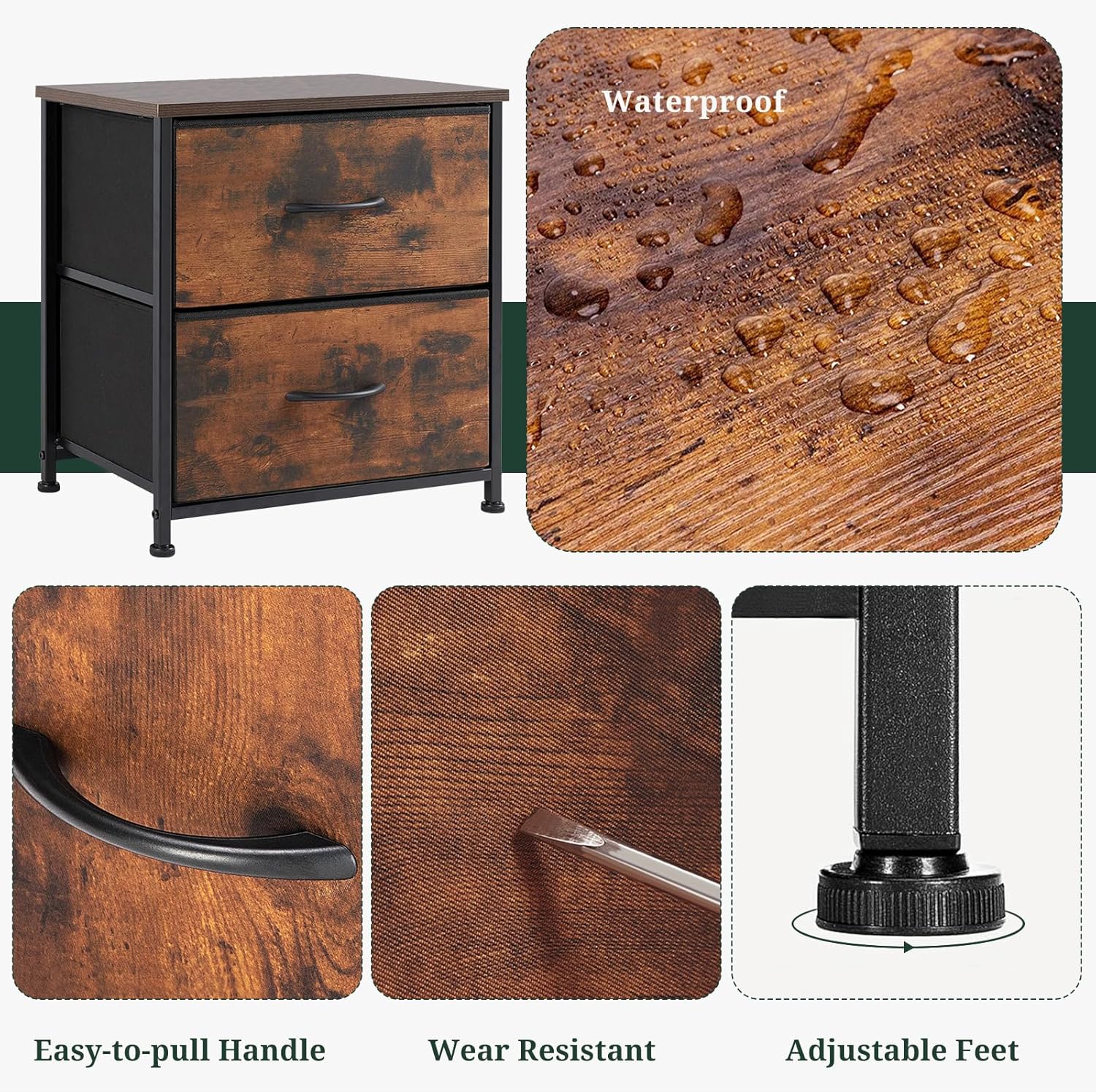 Regine Switzerland Nightstand - Small 2 Drawer Dresser with Wooden Top & Fabric Bins | Brown, 11.8" D x 18" W x 20" H