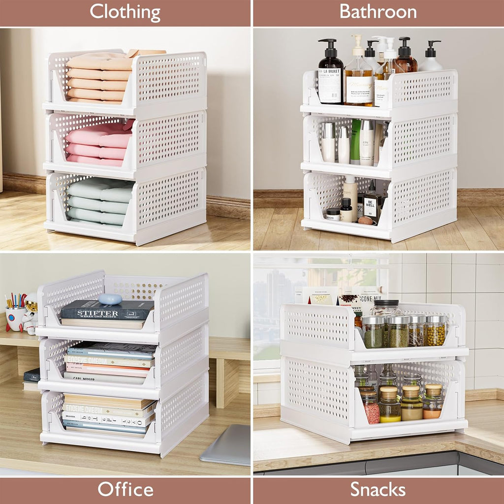 Skiennix Folding Closet Organizers - Stackable Storage Bins for Home & Office | White - 4L (4 Pack)