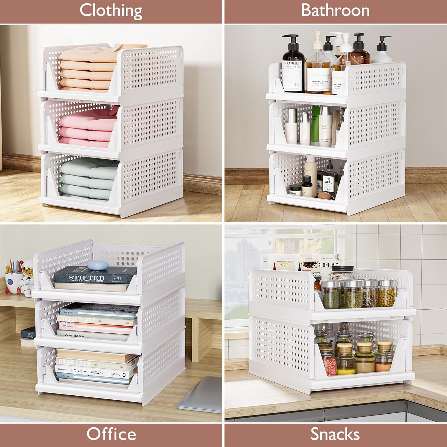 Skiennix Folding Closet Organizers - Stackable Storage Bins for Home & Office | White - 4L (4 Pack)