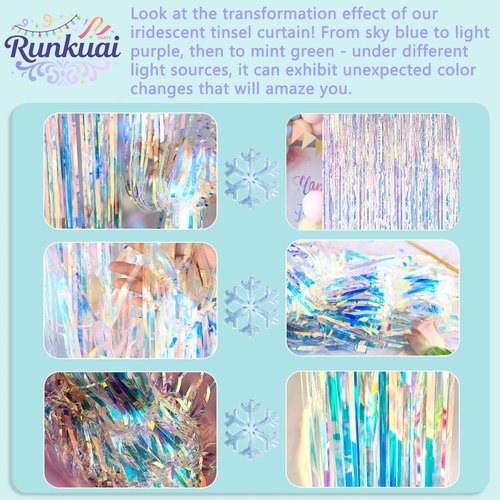 Iridescent Party Decorations - Holographic Foil Fringe Backdrop Tinsel Curtains | 3.28x6.56ft, 2 Packs