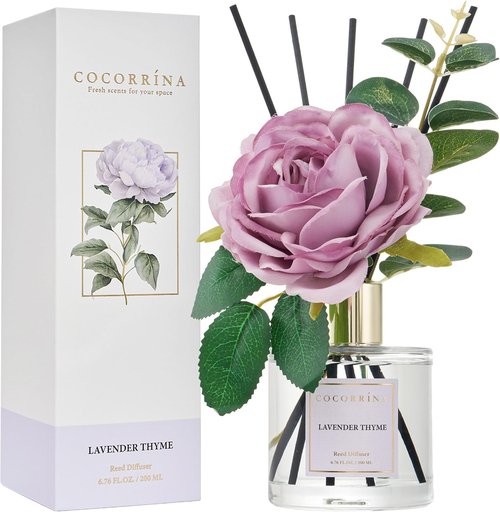 Cocorrína Flower Reed Diffuser - Lavender Thyme 6.7oz Scented Home Fragrance with Sticks | Elegant Bathroom Decor