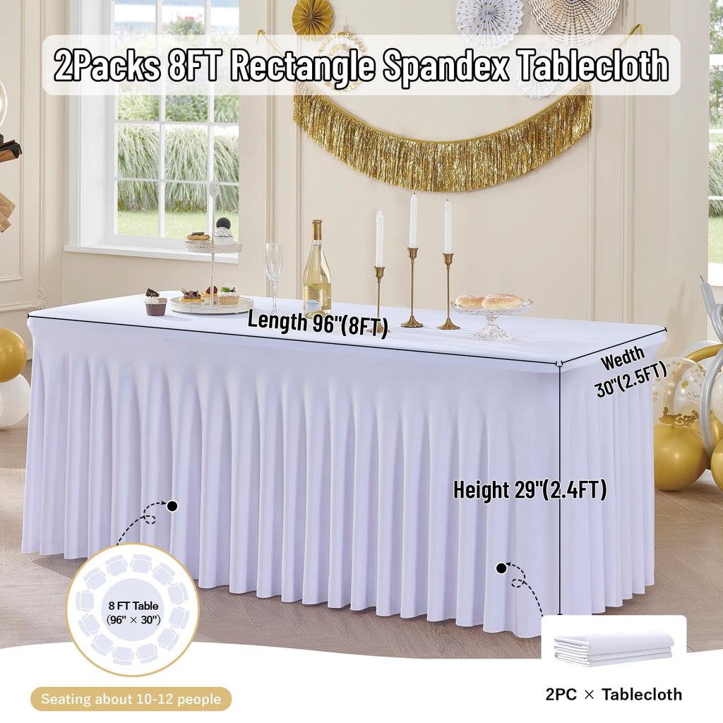 Outpain White Spandex Table Clothes for 8 Foot Rectangle Tables-2Pack 8FT Spandex Fitted Table Cover, Wrinkle Free Tablecloths with Skirt for Parties, Wedding, Birthday, Banquet, Festival