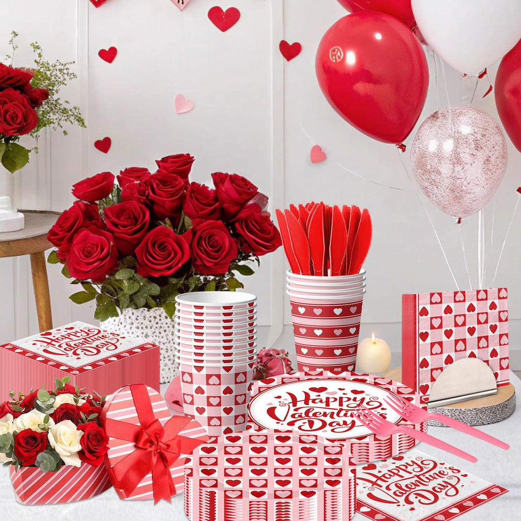 144Pcs Valentine's Day Party Plates and Napkins,Valentines Day Party Supplies Red Pink Love Heart Valentines Day Theme Tableware Set for Valentine Birthday Wedding Serve 24