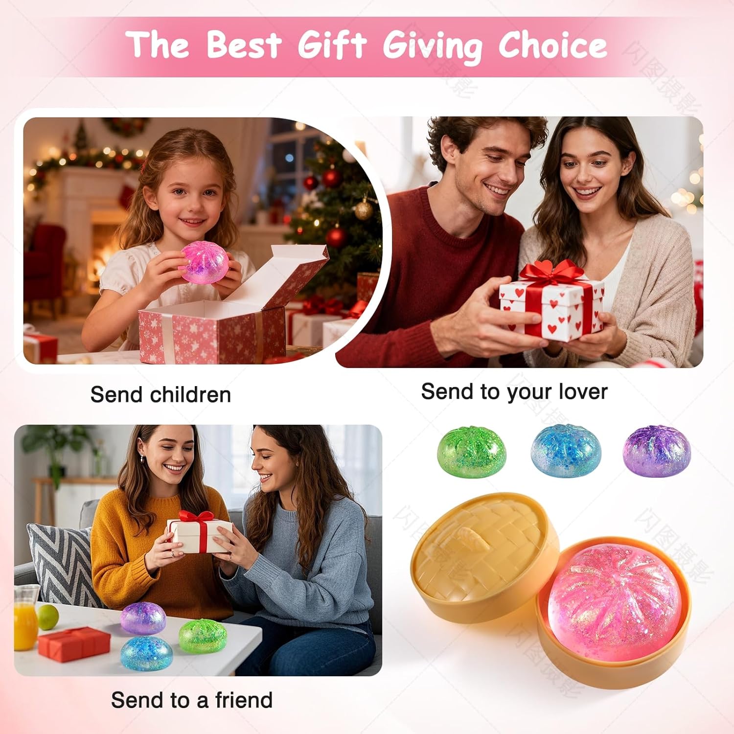 Sugar Dumpling Squishy - Glitter Bao Bun Stress Relief Fidget Toy | Mystery Box (Pink)