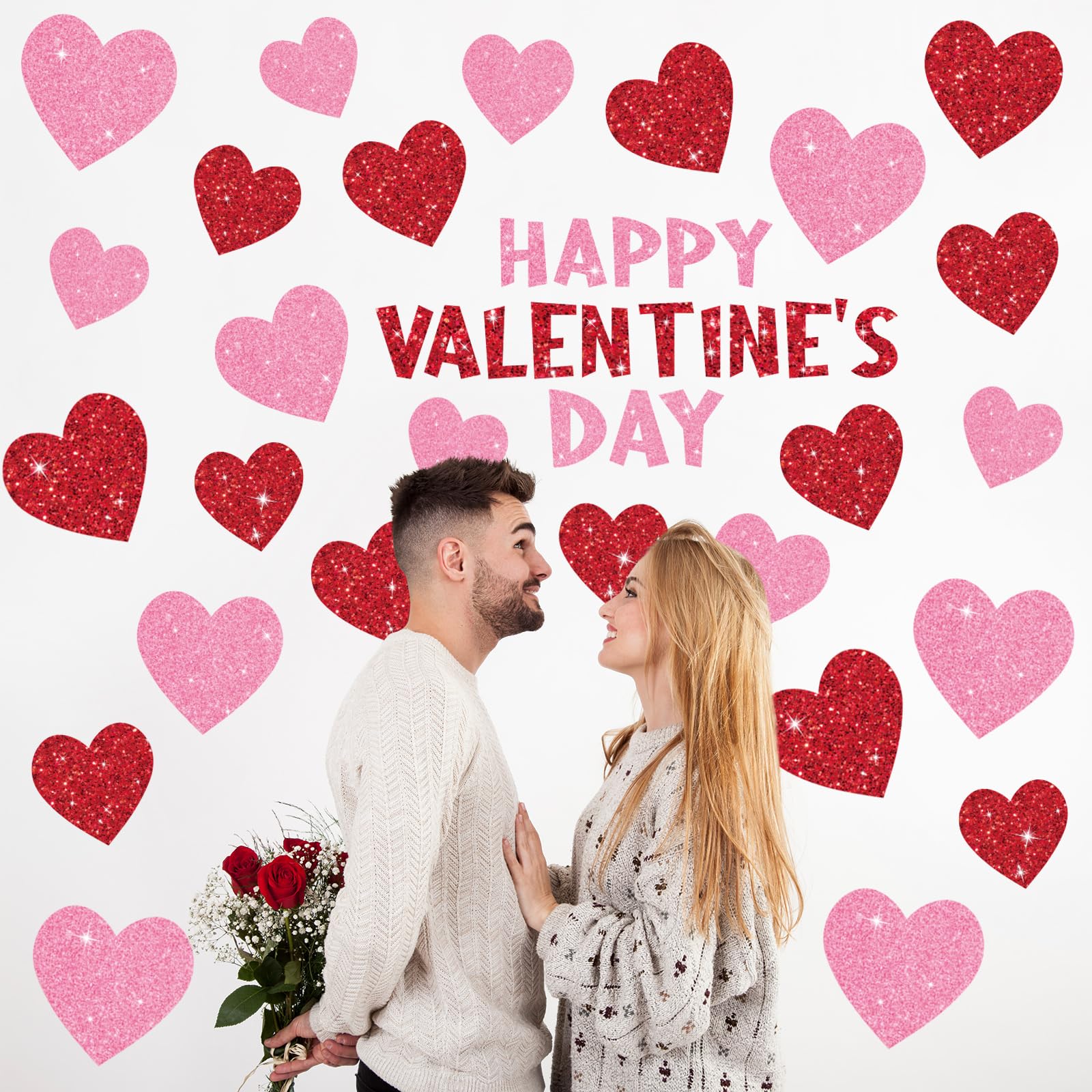 Whaline 9 Sheets Valentine' s Day Wall Stickers Glitter Red Pink Heart Room Mural Stickers Peel and Stick Wall Decals for Home School Office Wedding Anniversary Party Supplies