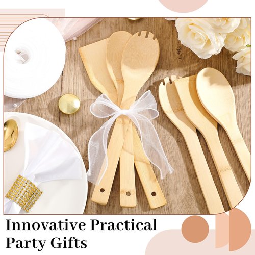 Reallnaive 108 Pcs Bamboo Spatula Wooden Kitchen Utensil Bulk 12''wood Spoon Spatula for Cooking with Ribbon Bridal Baby Shower Game Prize Wedding Party Favors Housewarming Gift (Natural Style)