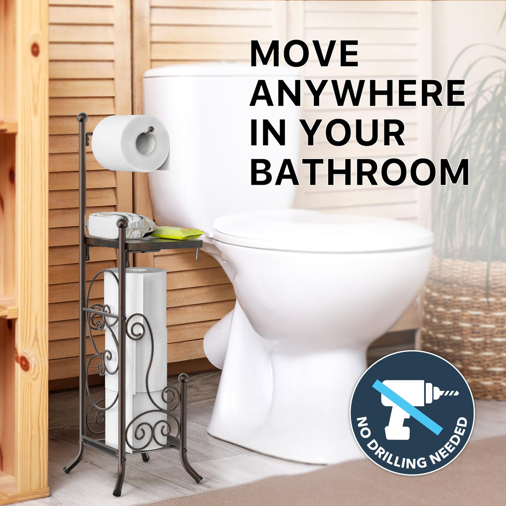 Simple Houseware English Style Bathroom Toilet Tissue Roll Holder Stand with Shelf, Bronze