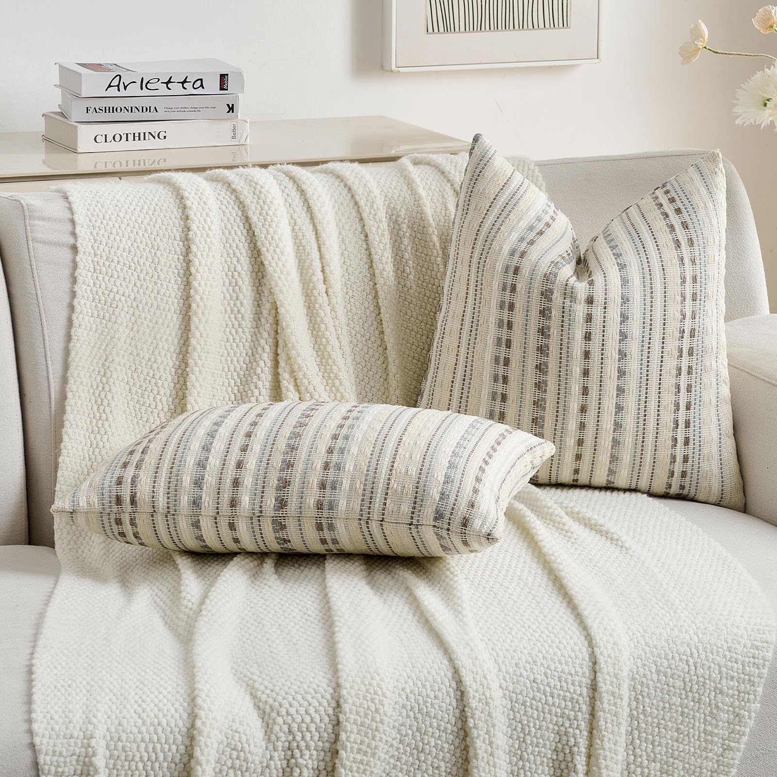 FUTEI Pack of 2 Chenille Jacquard Throw Pillow Covers 18x18 Inch Soft Cozy Woven Embroidery Decorative Cushion Case Boho Farmhouse Accent for Couch Bed Living Room, Grey White