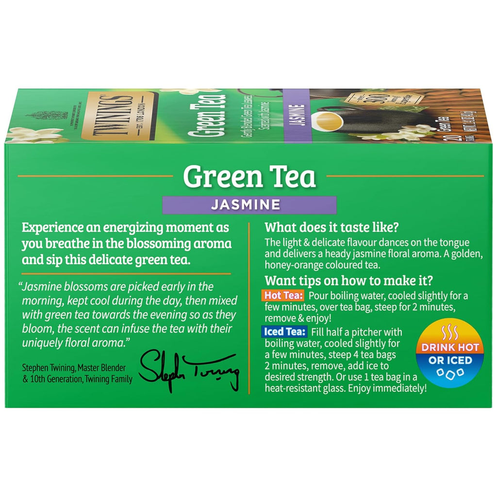 Twinings Green Tea - Fragrant Jasmine Flavor, Individually Wrapped, 20 Teabags for Hot or Iced Enjoyment