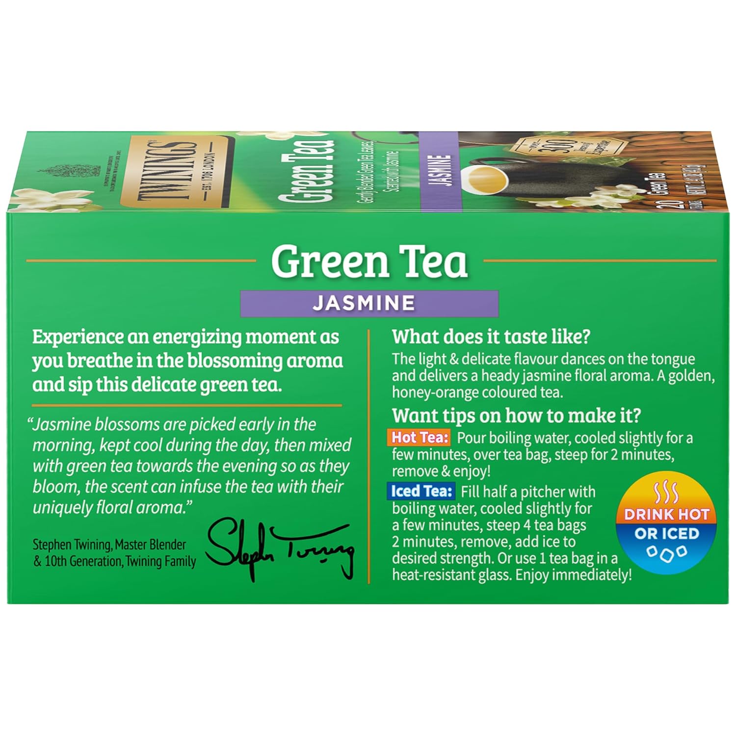 Twinings Green Tea - Fragrant Jasmine Flavor, Individually Wrapped, 20 Teabags for Hot or Iced Enjoyment