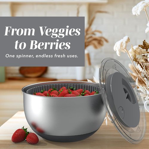 COOK WITH COLOR Stainless Steel Salad Spinner - 5 Qt Lettuce Washer & Vegetable Dryer | Non-Slip Base & Auto Stop Brake