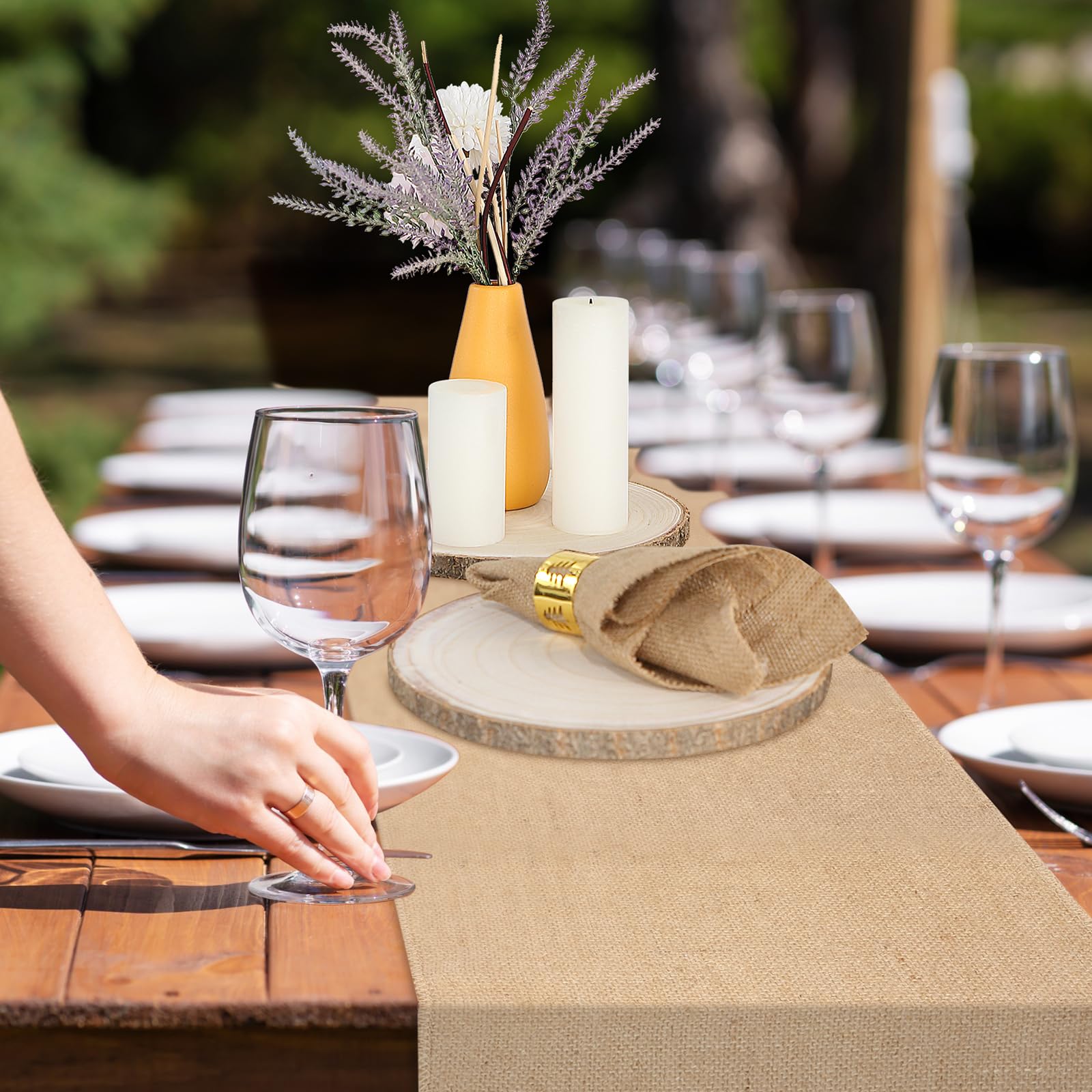 Tioncy Burlap Table Runner Kit Rustic Farmhouse Party, Natural Burlap Table Runner and Wood Centerpieces for Wedding,Christmas, Baby Shower,Birthday, Kitchen Coffee(100ft,12 Pcs)