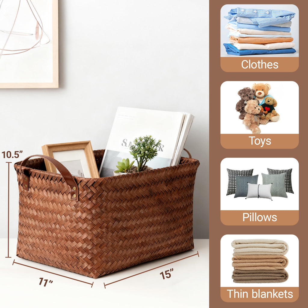 Stylave 15L Laundry Baskets Waterproof Storage Baskets For Shelves Large Laundry Hamper With Leather Handle -set of 4 Cube Organizers Woven Bins for Bathroom,Bedroom,Pantry,Clothes,Car & Towels-Brown