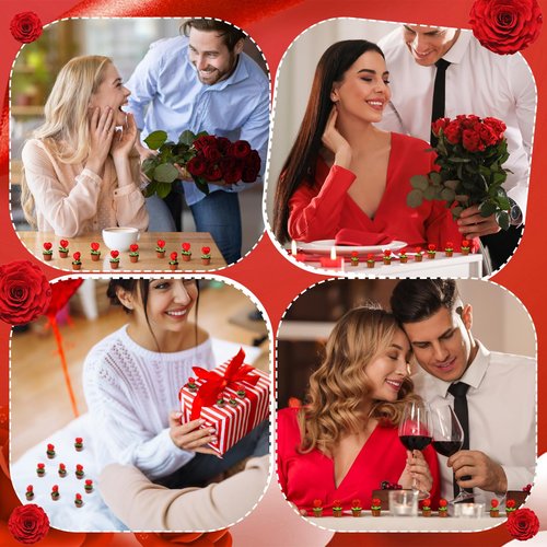 Threehoney 30 Pcs Mini Resin Flowers Samll Heart Statues Mini Resin Potted Heart Flower Statues for Birthday Desktop Decorations DIY Miniature Landscape Fairy Garden Decor(Red)
