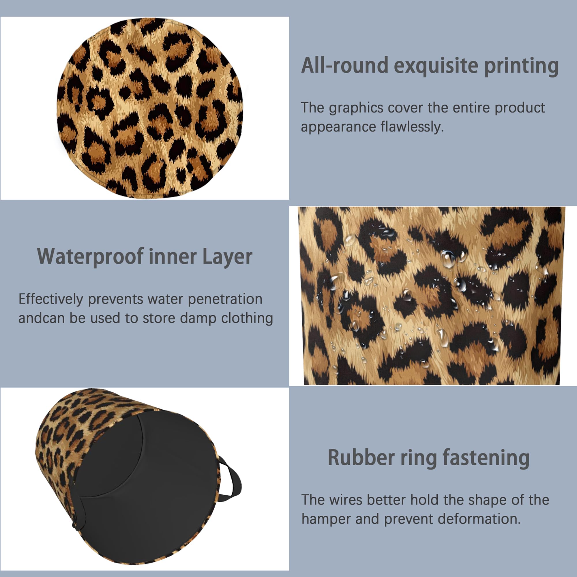 Brown Leopard Laundry Basket,Foldable with Handles Tote Bag Oxford Cloth for Bathroom Bedroom Dirty Clothes Storage Bucket 16" x 20.8"