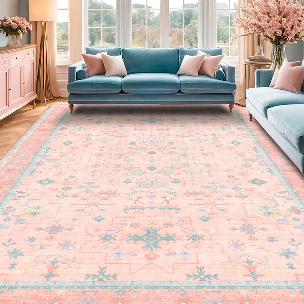 Oushak Rugs | Washable Pink & Blue 8x10 Area Rug - Soft Faux Wool, Modern Floral Design, Non-Slip