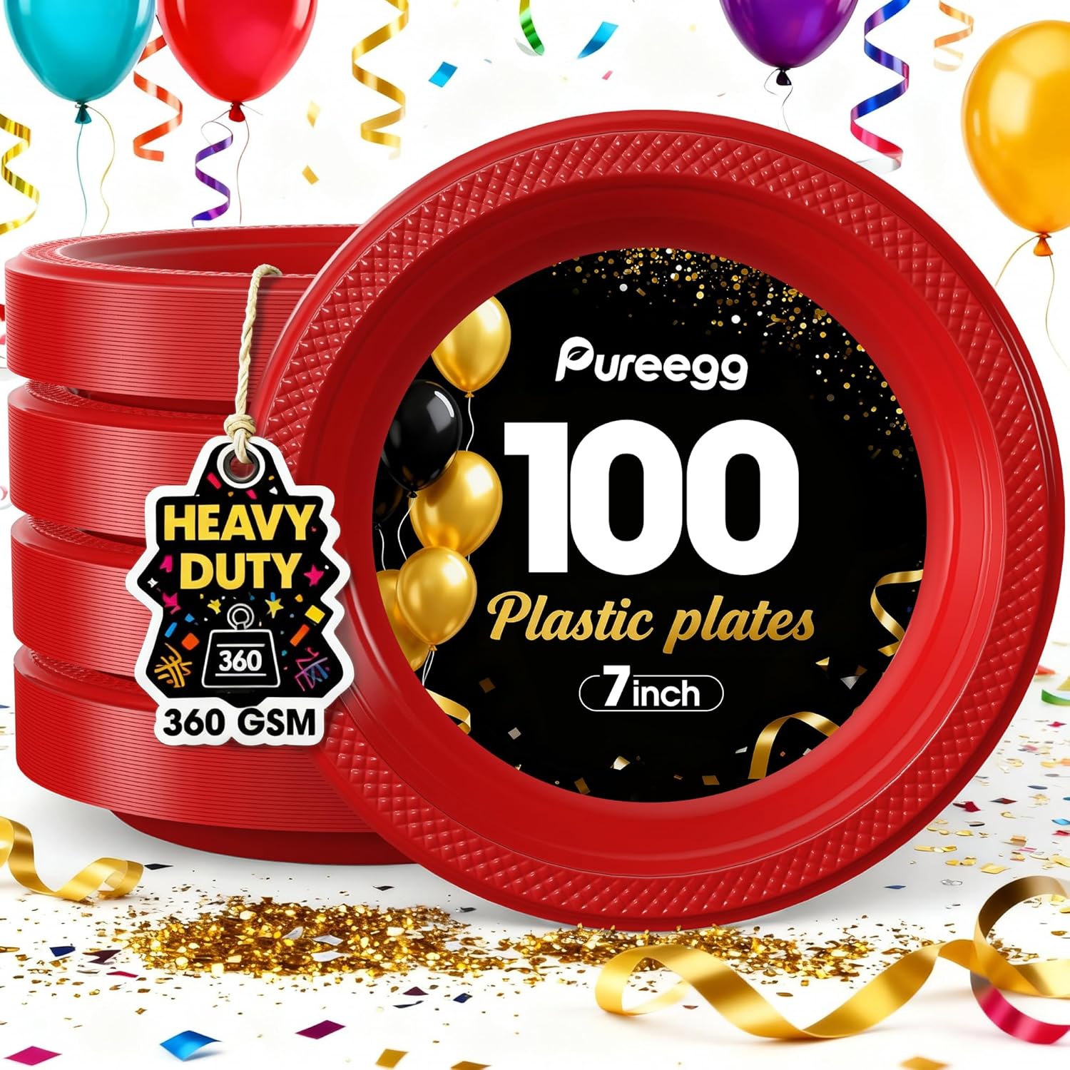 Pureegg 7-Inch Red Plastic Dessert Plates - 100-Count Disposable Party Plates | BPA-Free for Events & Picnics
