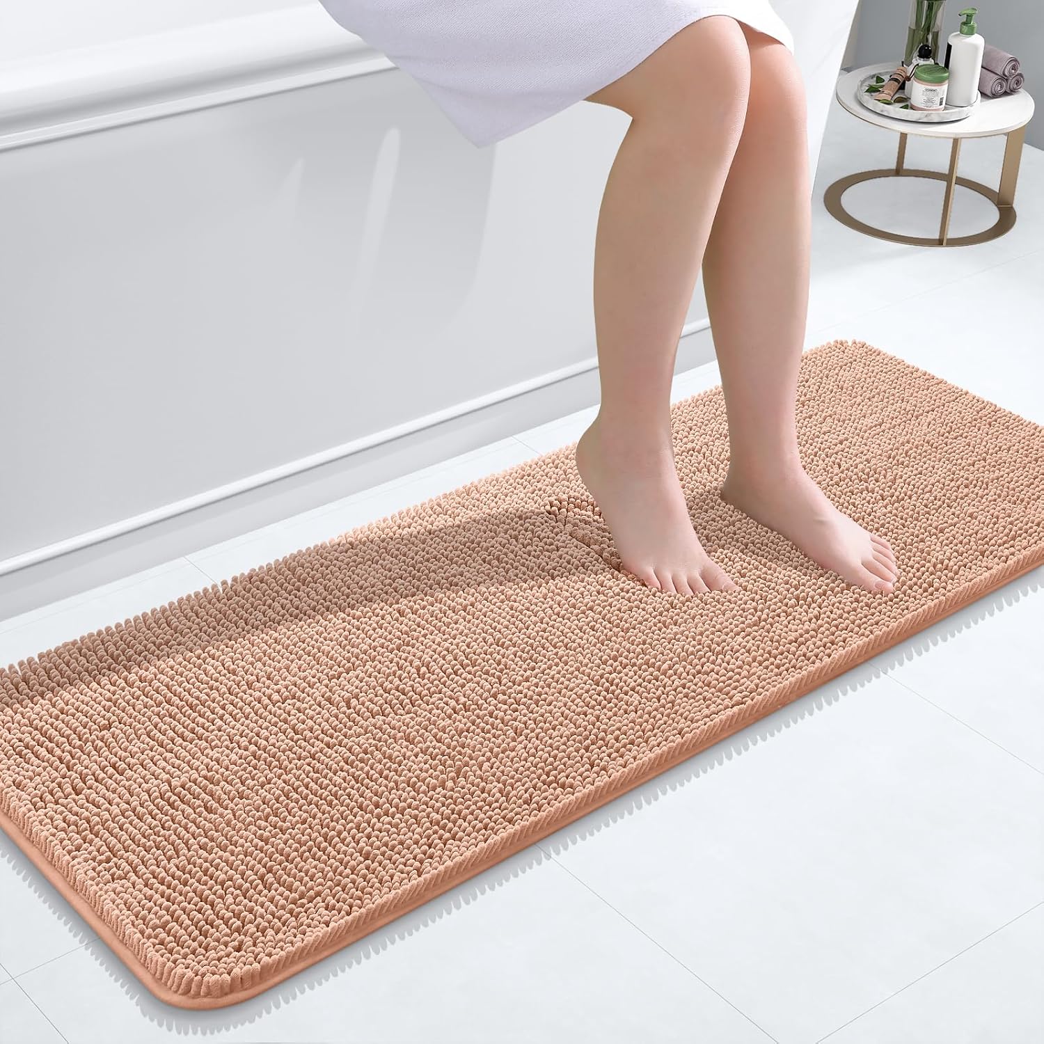 OLANLY Bathroom Runner Rug - Extra Soft Chenille, Quick Dry & Machine Washable | 47x17 Inches, Peach