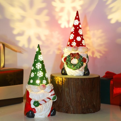 FORUP Christmas Gnome Decor - Set of 2 Lighted Resin Figurines with Wreath & Candy Cane | Indoor Table Decorations