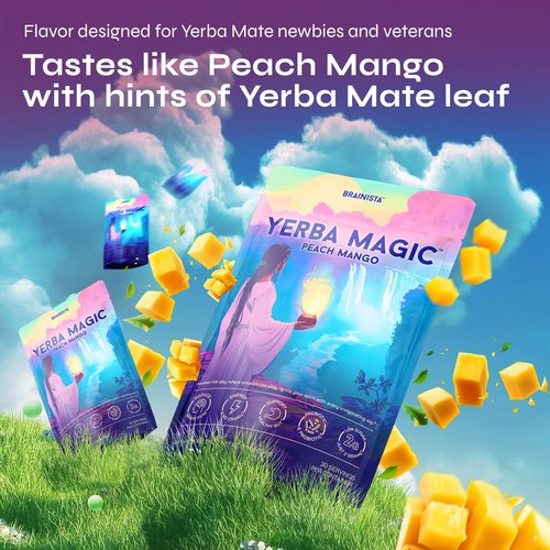 Yerba Magic Yerba Mate Powder Packets - Instant Clean Energy & Focus Drink Mix for Gut Health - Nootropic Blend with Lion’s Mane, L-Theanine, Prebiotics & Probiotics - Low Sugar Natural Caffeine - Peach Mango, 20 Sticks