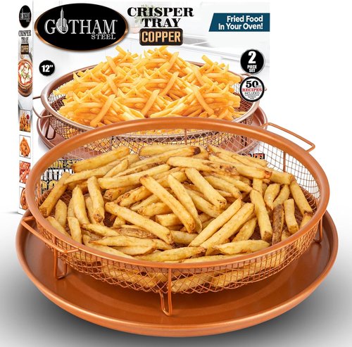 GOTHAM STEEL 2-Piece Copper Air Fryer Tray Set - Non-Stick Crisper Baskets for Oven & Dishwasher Safe Use