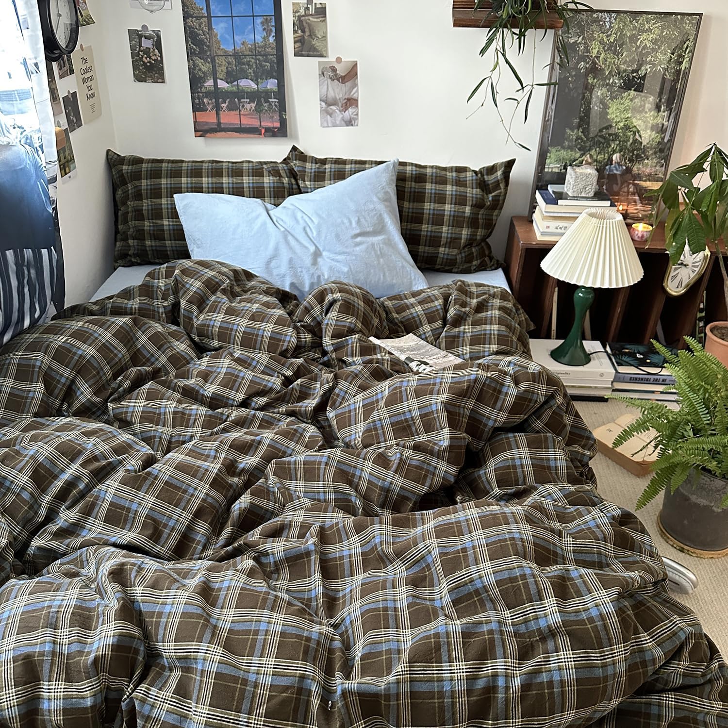 Mixinni Vintage Buffalo Plaid Duvet Cover Set - Soft & Breathable 3-Piece Queen Bedding in Brown & Blue