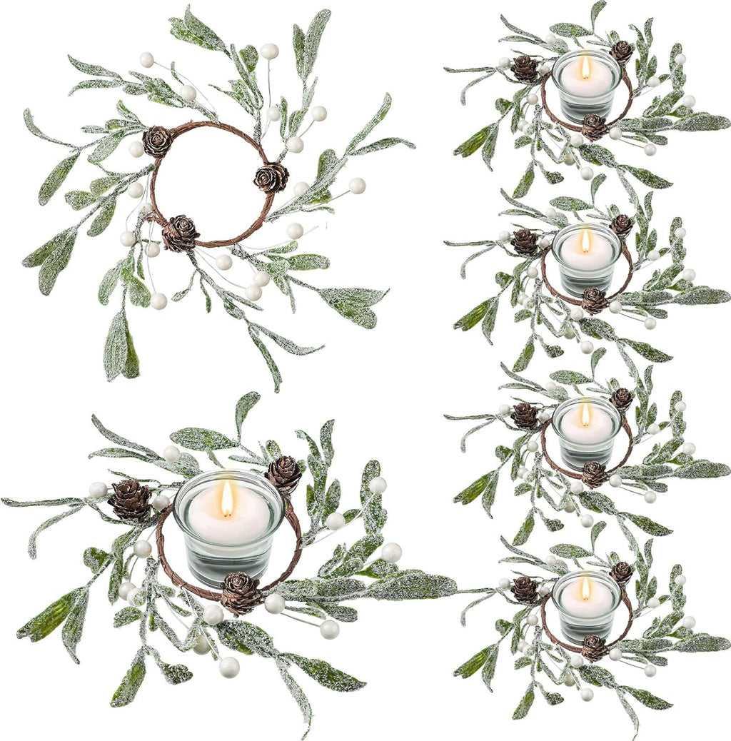 Skiennix Christmas Pillar Candle Rings - Frosted Mistletoe Wreaths with Pearl Accents | Set of 6 for Holiday Decor