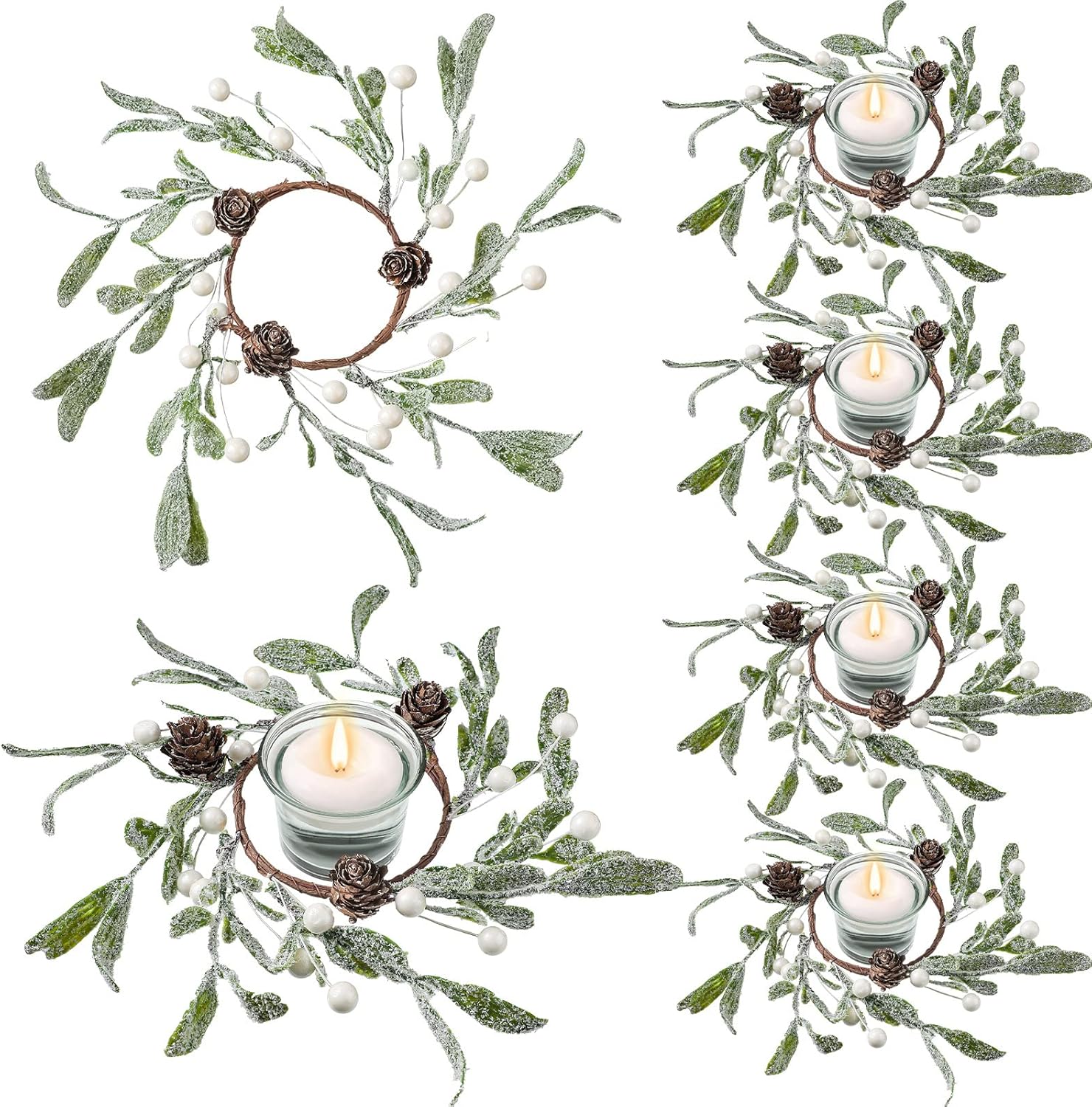 Skiennix Christmas Pillar Candle Rings - Frosted Mistletoe Wreaths with Pearl Accents | Set of 6 for Holiday Decor