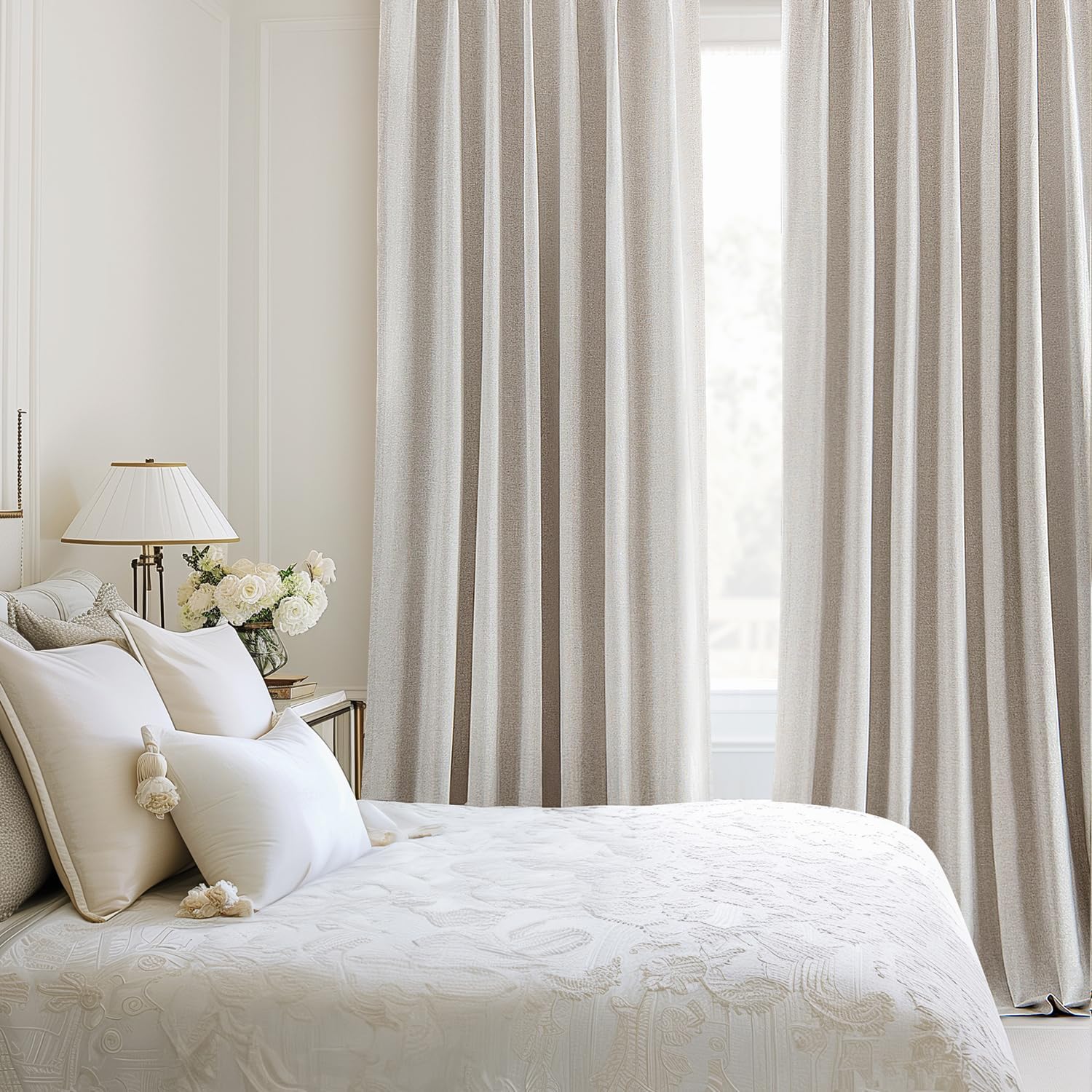 MIULEE 100% Blackout Curtains - Linen Pinch Pleated Thermal Insulated Drapes, 92 Inch Long, Beige & Greige, 2 Panels Set