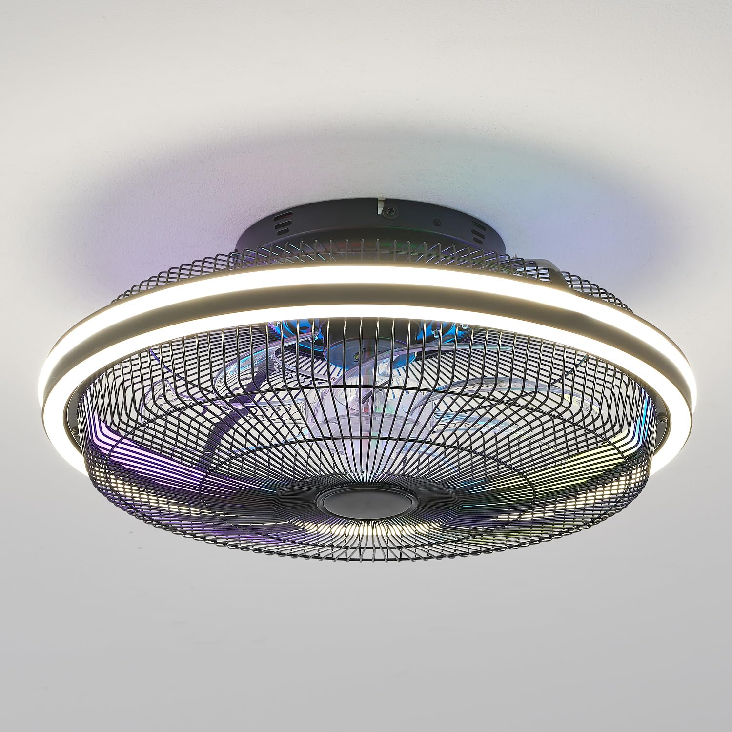 HuixuTe 21 in Modern Ceiling Fan with Light Remote Control, 3 Colors 3 Speeds Enclosed Low Profile FUSH Mount Ceiling Fan with Light for Bedroom Living Room