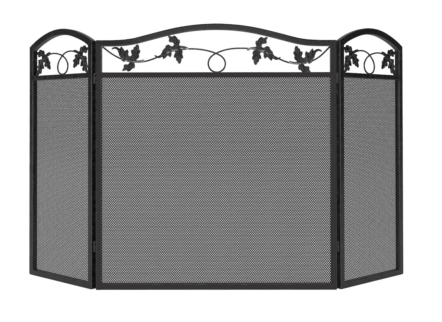 Calidola 3-Panel Foldable Black Steel Fireplace Screen Spark Guard Fence,Leaf Design Screen Metal Decorative Mesh Cover