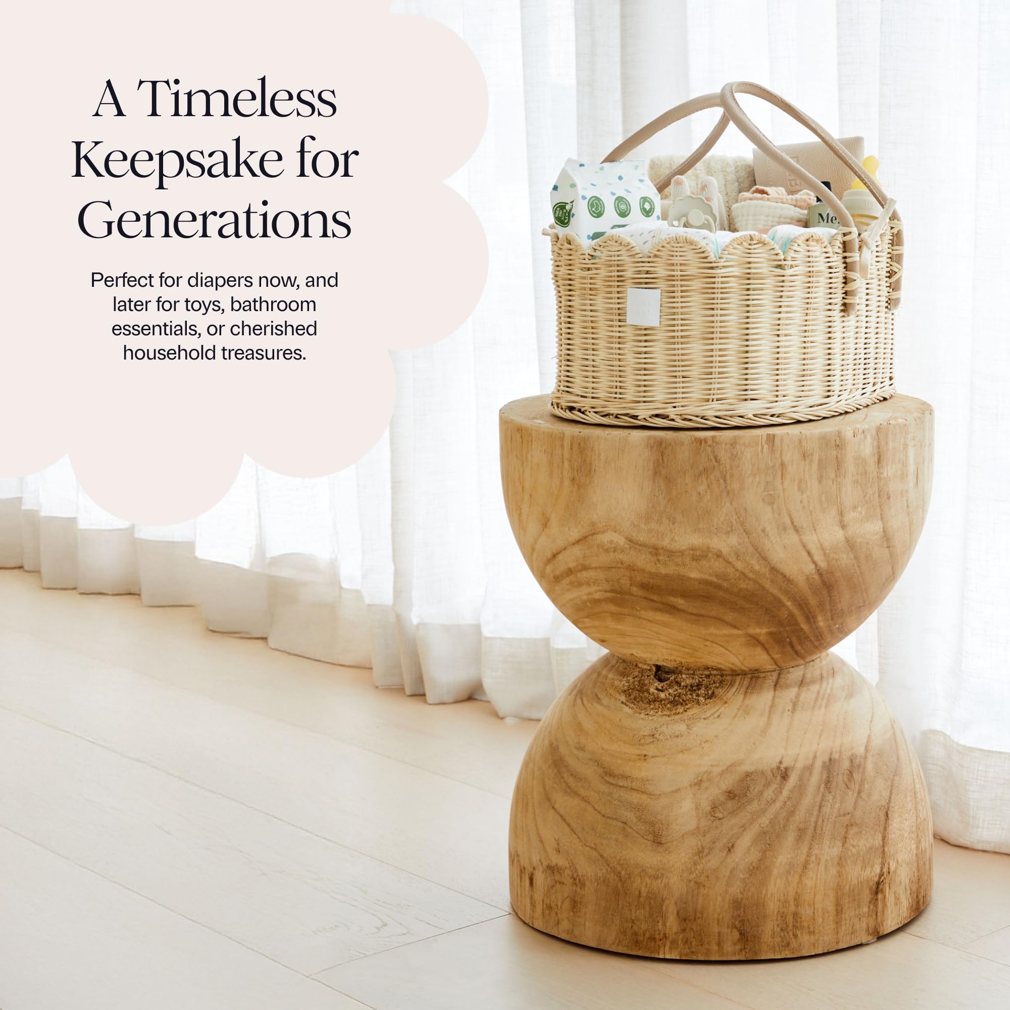 BEBE BASK Premium Baby Diaper Caddy Organizer - Handmade & Award-Winning Scalloped Rattan Basket - Luxury Diaper Caddy Basket - Elegant Scalloped Edge (Natural)