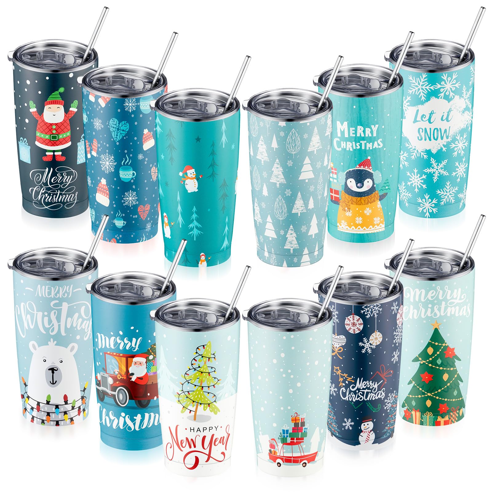 Sliner 12 Pack Christmas Stainless Steel Tumblers 20oz Christmas Insulated Tumbler Bulk with Lids and Straws Straight Double Wall Vacuum Travel Coffee Mug for Cold and Hot Drinks Xmas Party Gift