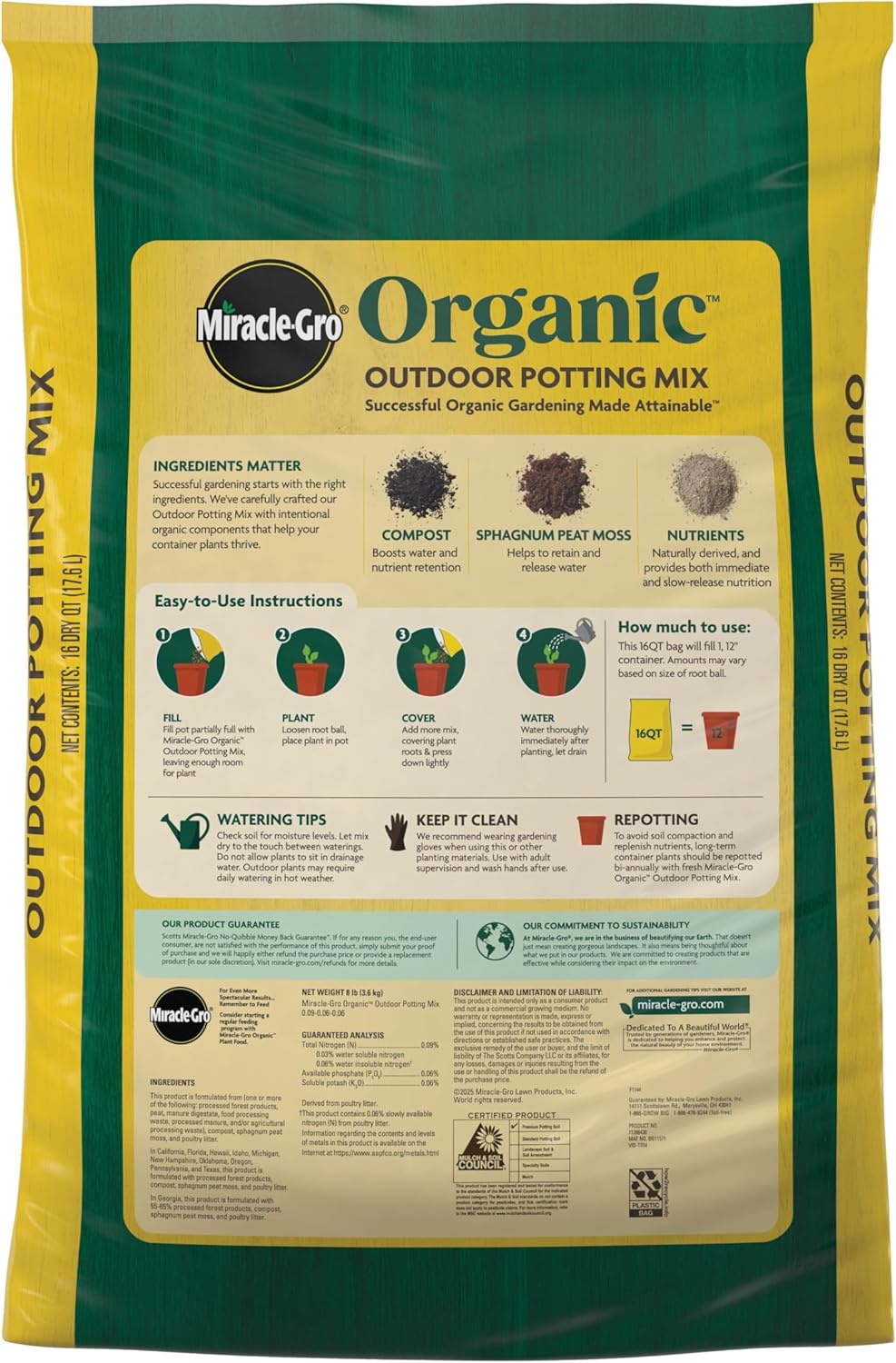 Miracle-Gro Organic Outdoor Potting Mix - Quick-Release Fertilizer for Container Plants | 16 Qt.