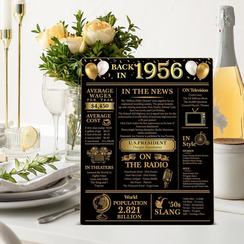 Back in 1956 | 70th Birthday Party Decorations - Black and Gold Wooden Sign & Table Favors
