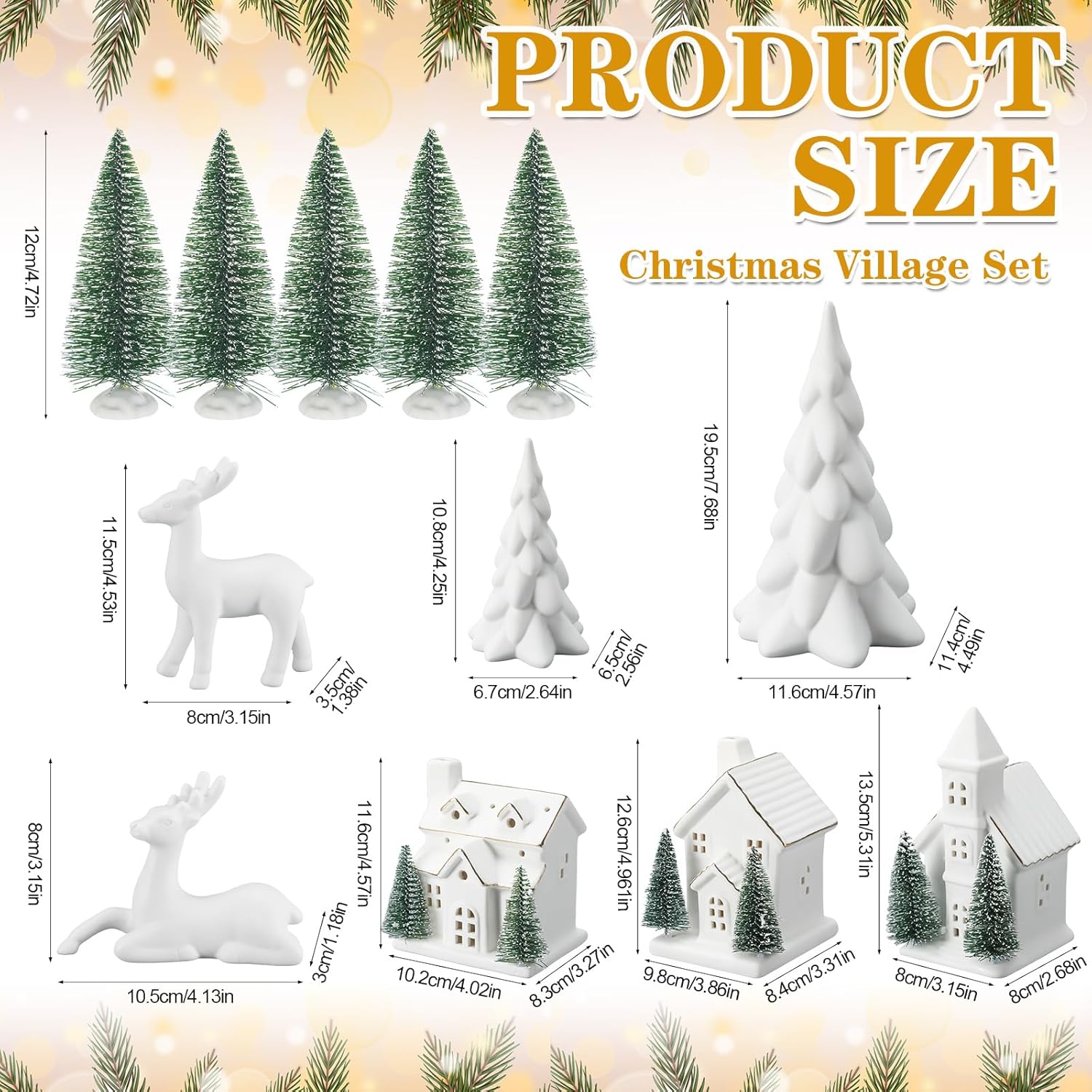 Regine Switzerland 12-Pc Ceramic Christmas Village Set - White Houses, LED Trees & Reindeer Decor