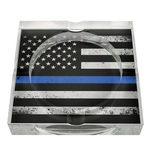 Humidor Supreme Blue Line Series Crystal Cigar Ashtray, Honoring The Police Force, Blue Line PD