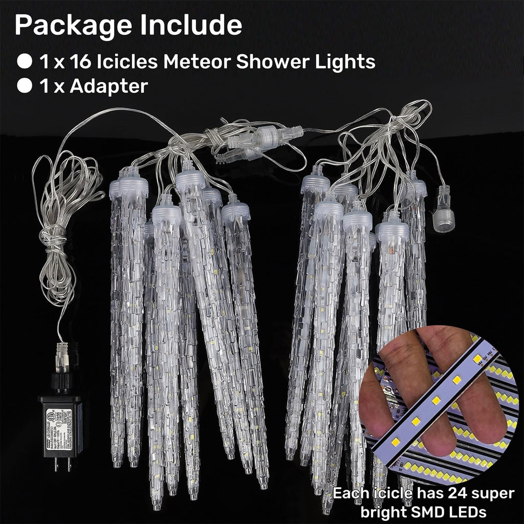 WATERGLIDE 16 Icicles Meteor Shower Lights - 12" Connectable Outdoor Christmas Lights | 384 SMD LED White Decor