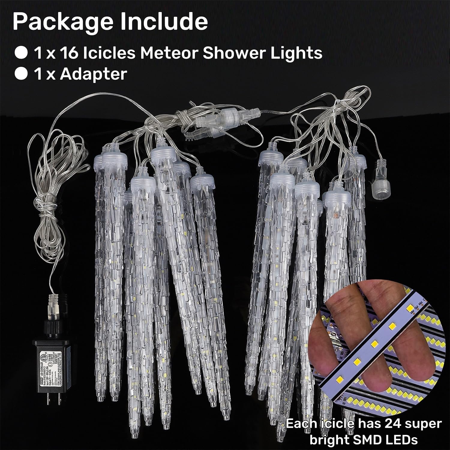 WATERGLIDE 16 Icicles Meteor Shower Lights - 12" Connectable Outdoor Christmas Lights | 384 SMD LED White Decor