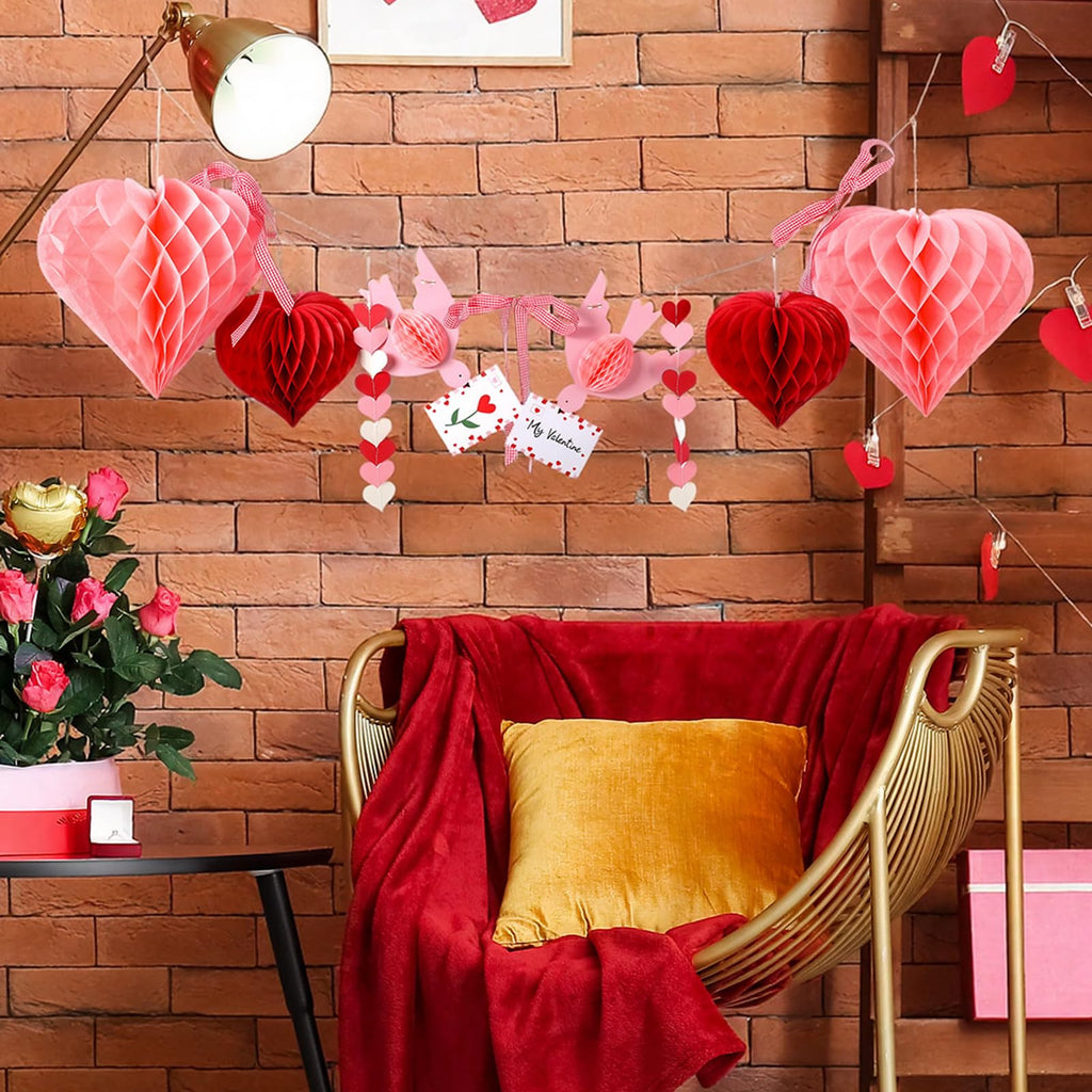 Harloon Valentines Day Garland Pink Heart Honeycomb Ball 3D Lovebird Garland Decor with Red Check Bow Romantic Pom Poms Hanging Banner for Galentines Party Wedding Engagement Birthday Home Wall Decor