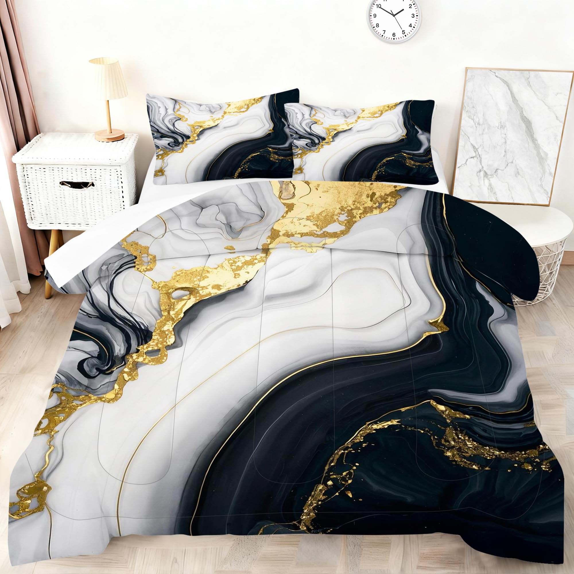 VTKON Abstract Marble Bedding Set for Kids Women Men Queen Size 3D Marble Comforter Set Black White Gold Quilt Set for All Age Marbling Quilt Set with 1 Comforter + 2 Pillowcases