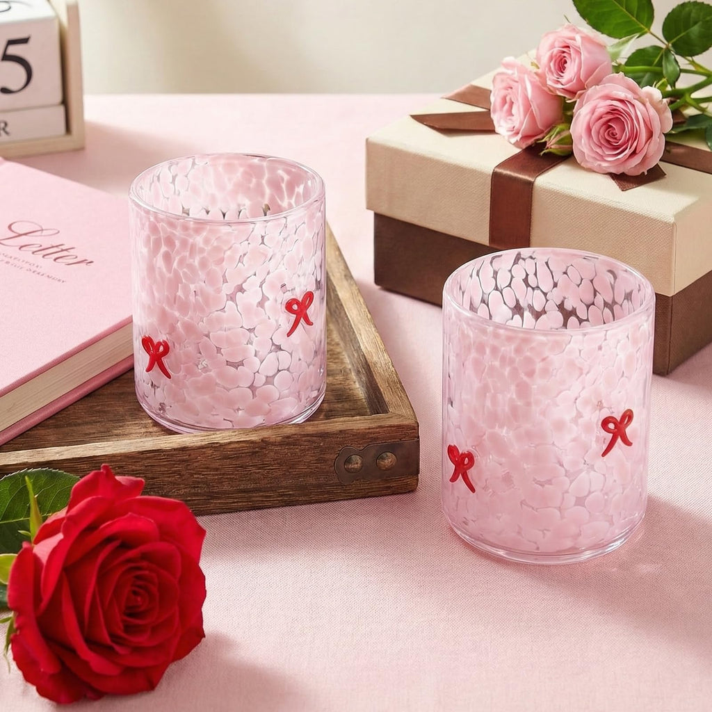 Ovveroche 2 Pcs Pink Bow Icon Juice Glass 14 oz Bow Reusable Stemless Icon Drinking Glasses Cups for Birthday Wedding Party Supplies Gift