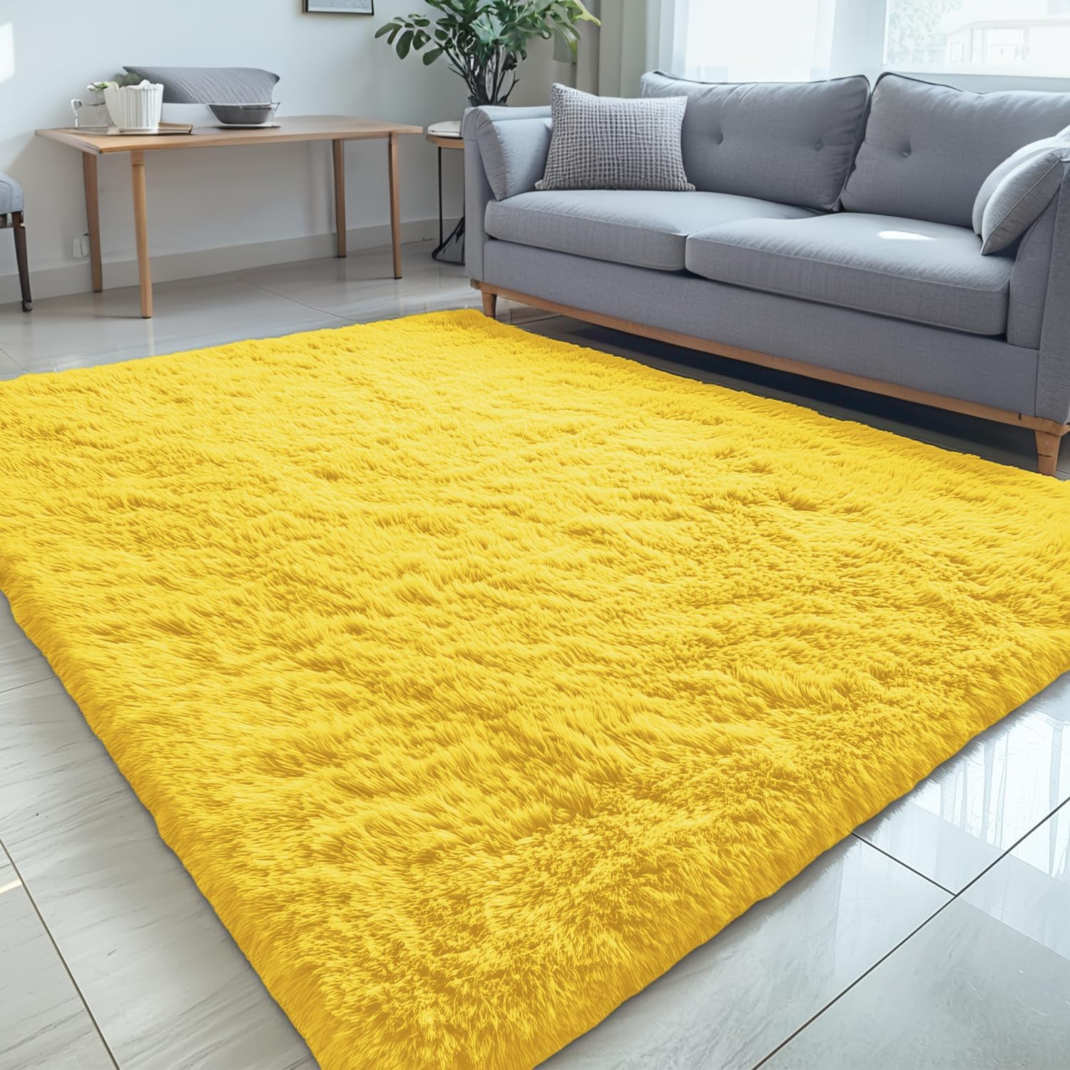 OLANLY Large 5x8 Machine Washable Area Rug - Soft Fluffy Shaggy Carpet for Living Room & Bedroom | Yellow