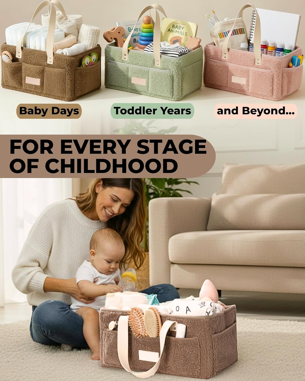 Skiennix Baby Diaper Caddy Organizer - Portable Changing Mat & Removable Dividers - Teddy Fleece Design