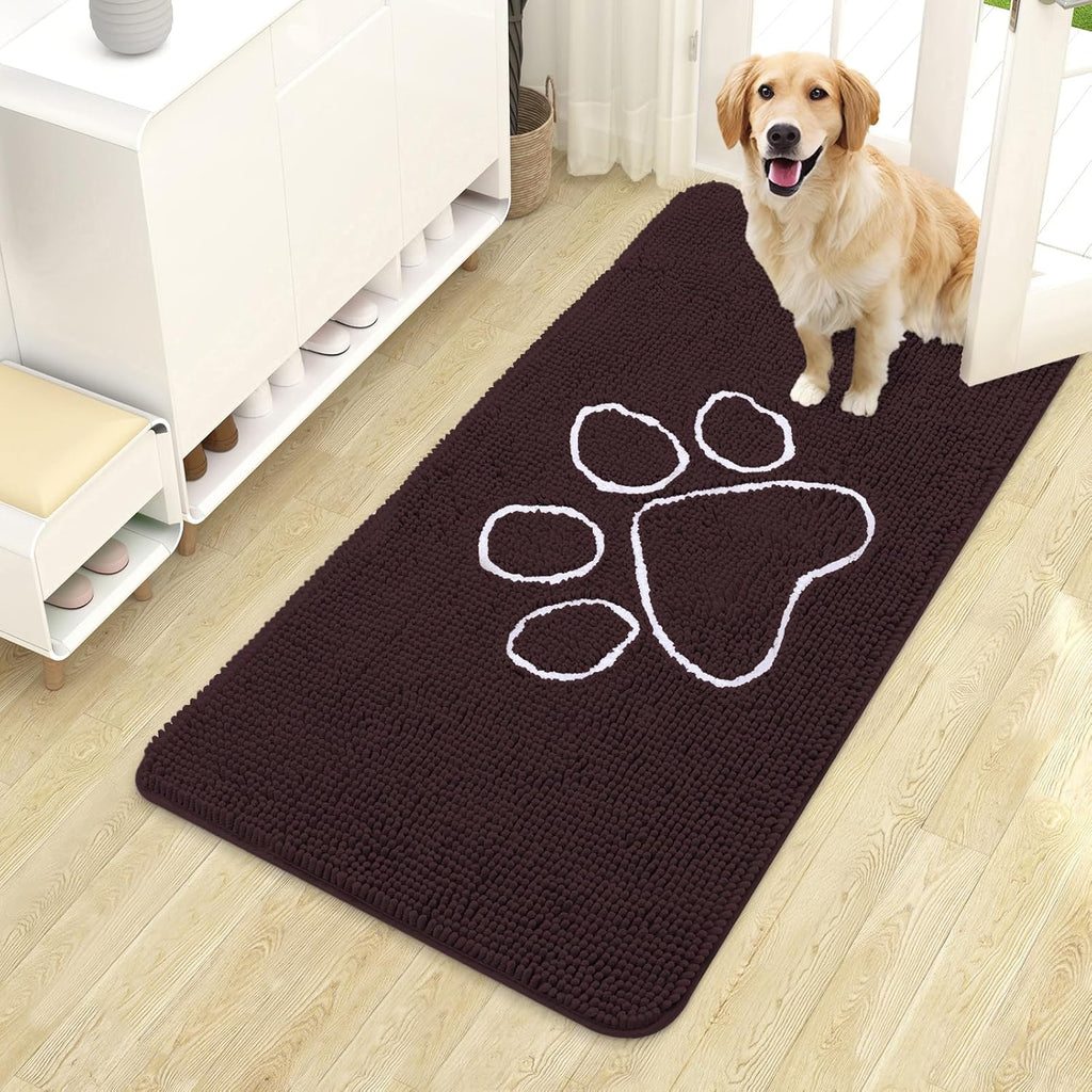 OLANLY Dog Door Mat - Absorbent Non-Slip Chenille for Muddy Paws | 44x24, Brown Paw Print Design